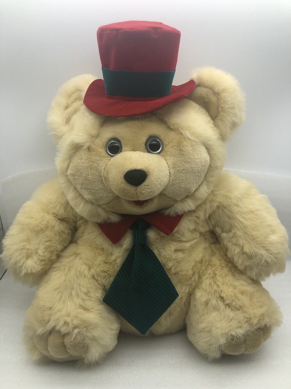 Dan Dee Bear Plush 16" Beige Red Green Hat Tie Stuffed Animal Christmas Decor